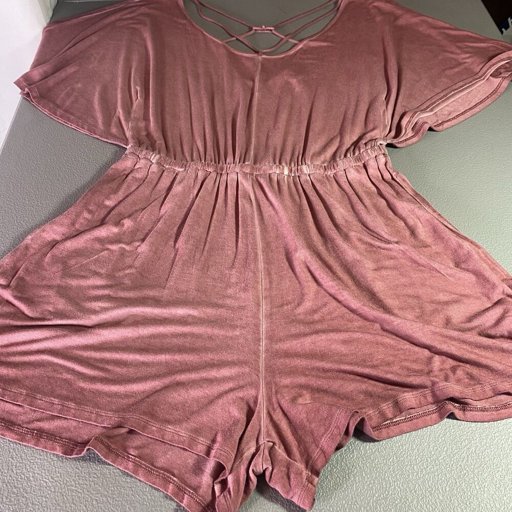 American Eagle Strappy Romper Womens M Scoop Neck Flutter Sleeve Stretch Pink - Picture 4 of 11